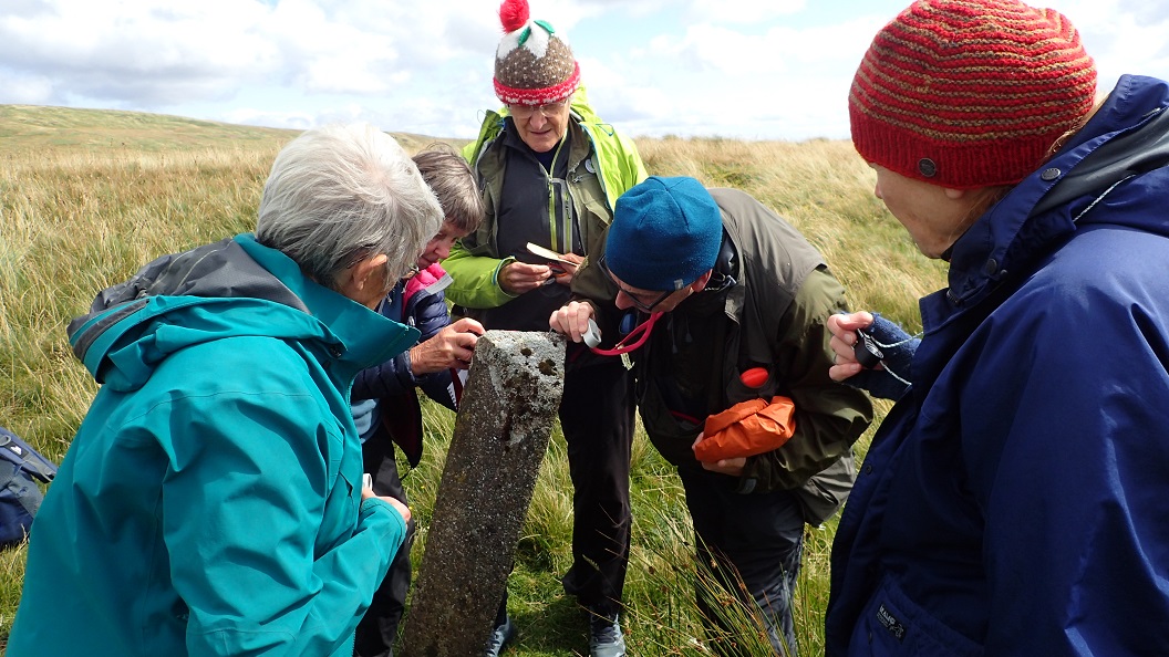 Cumbria lichenologists inspecting a concrete post