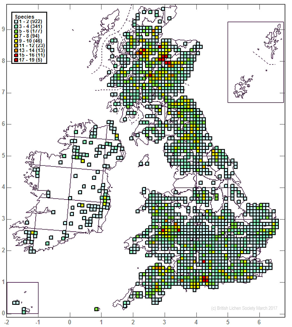 A coincidence map showing the cumulative distribution of the lichens used in the Pinhead Lichens Index