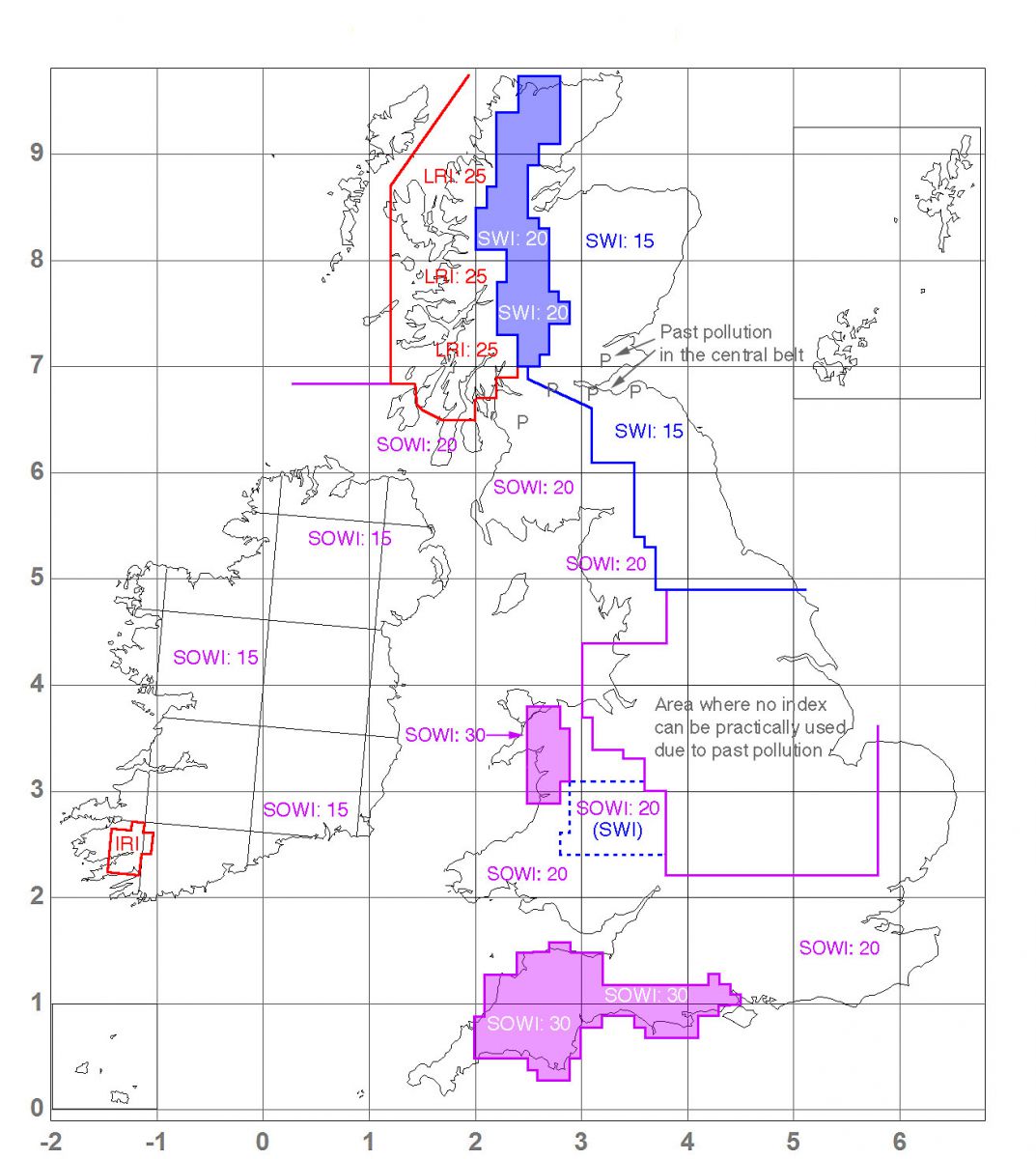 Map showing areas where each lichen index for lowland/temperate woodlands is appropriate