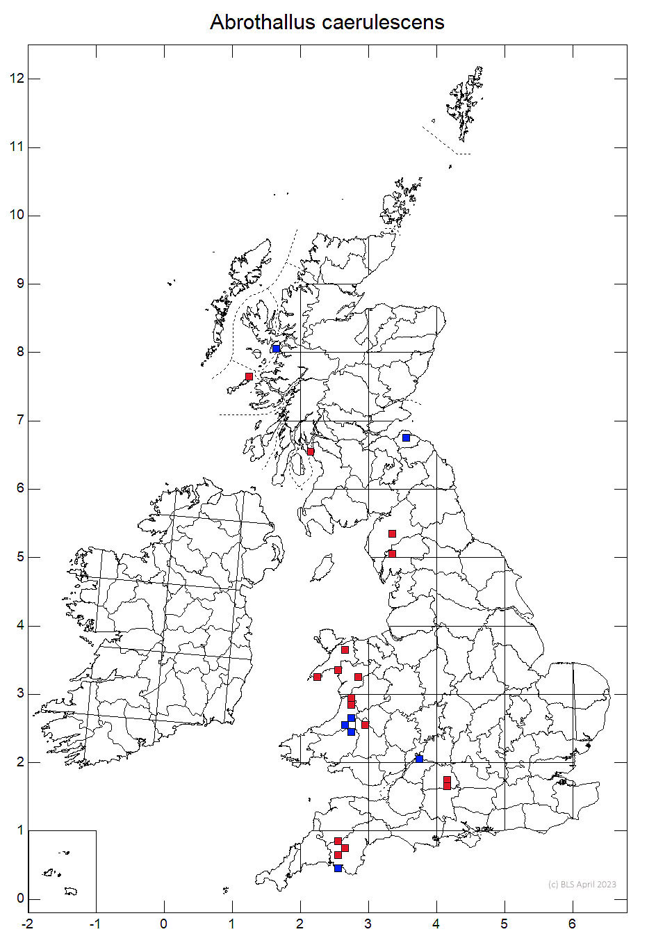 Abrothallus caerulescens 10km sq distribution map