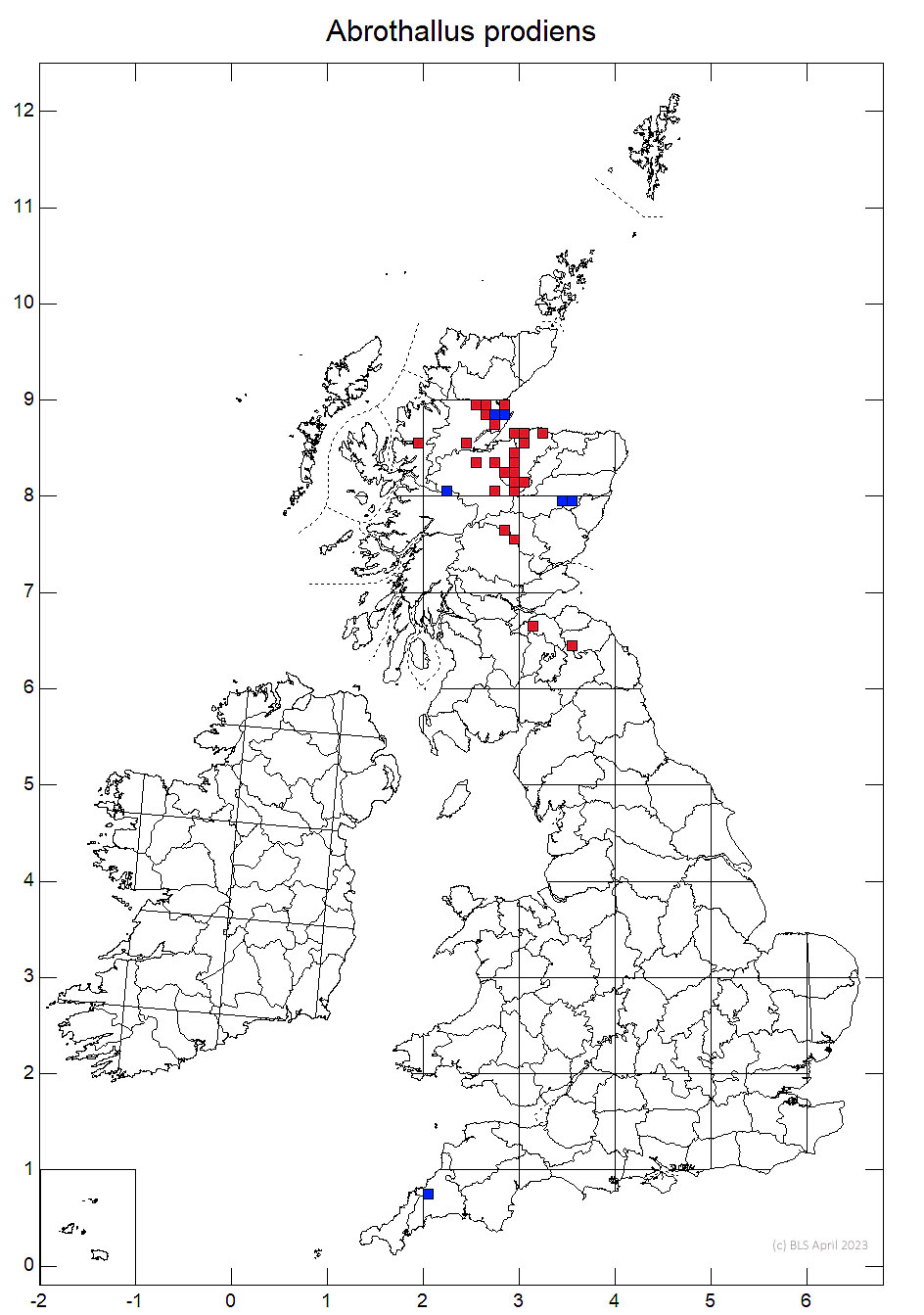 Abrothallus prodiens 10km sq distribution map