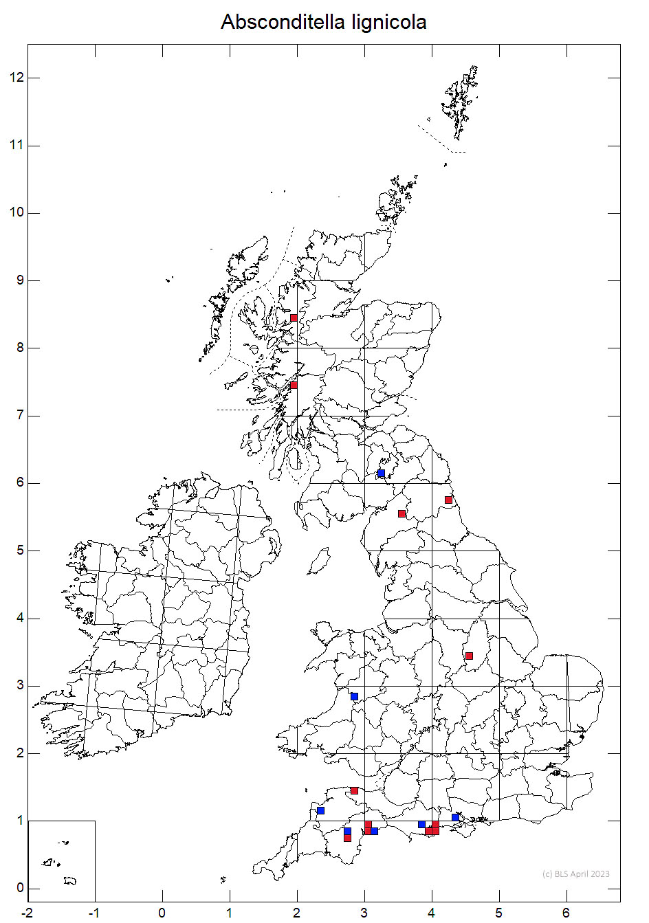 Absconditella lignicola 10km sq distribution map