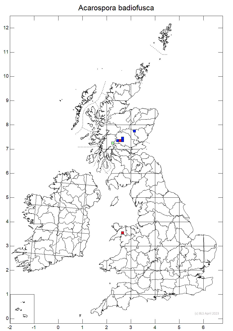 Acarospora badiofusca 10km sq distribution map