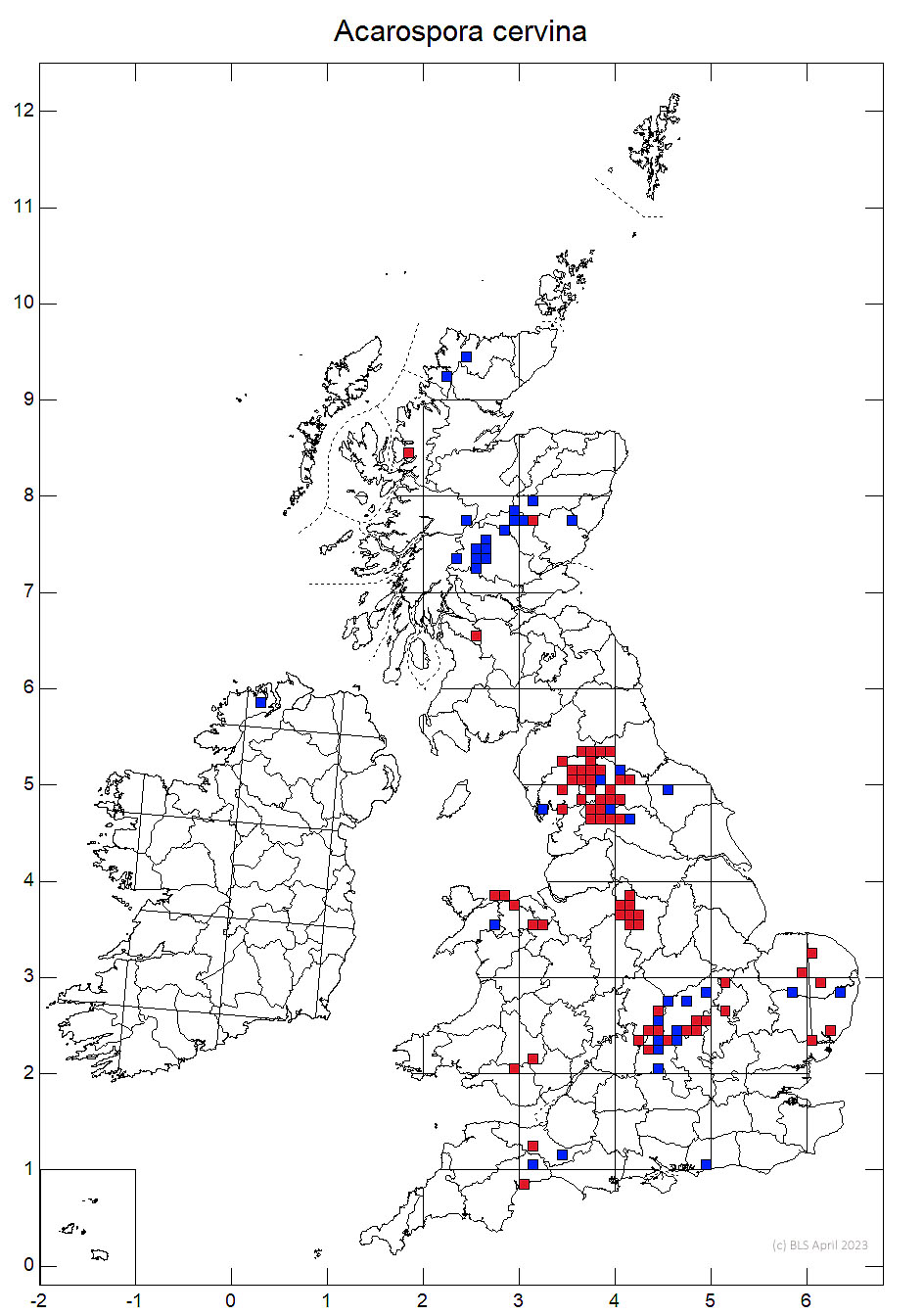 Acarospora cervina 10km sq distribution map