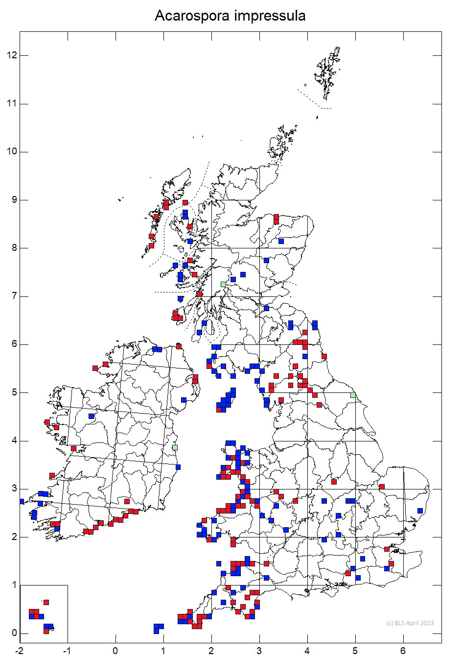 Acarospora impressula 10km sq distribution map