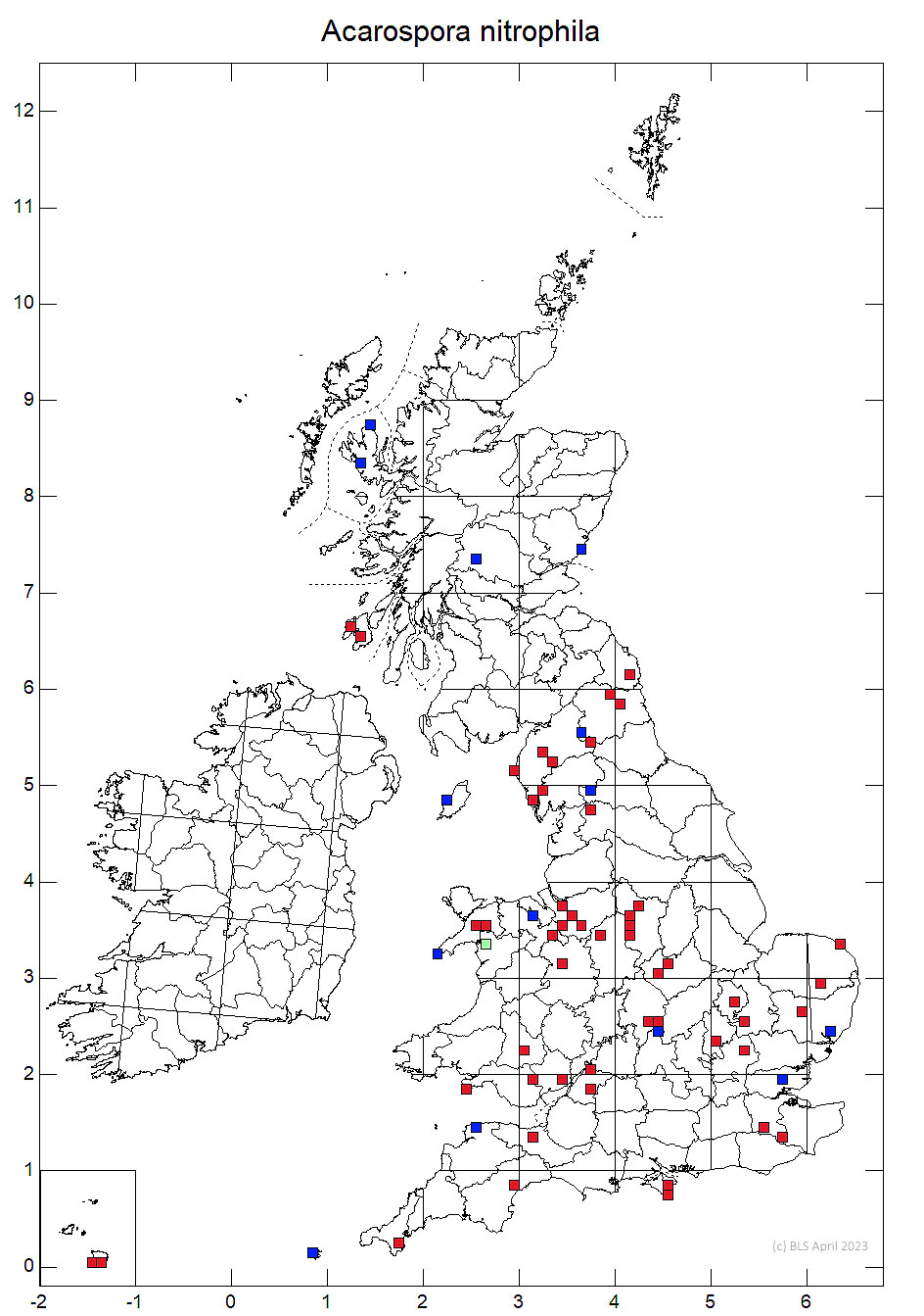 Acarospora nitrophila 10km sq distribution map