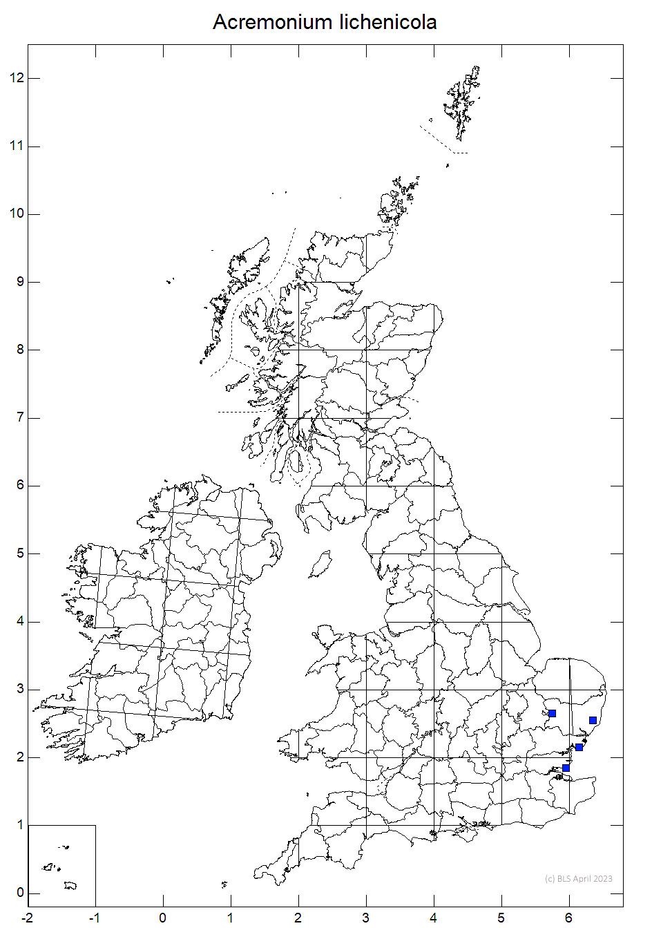 Acremonium lichenicola 10km sq distribution map