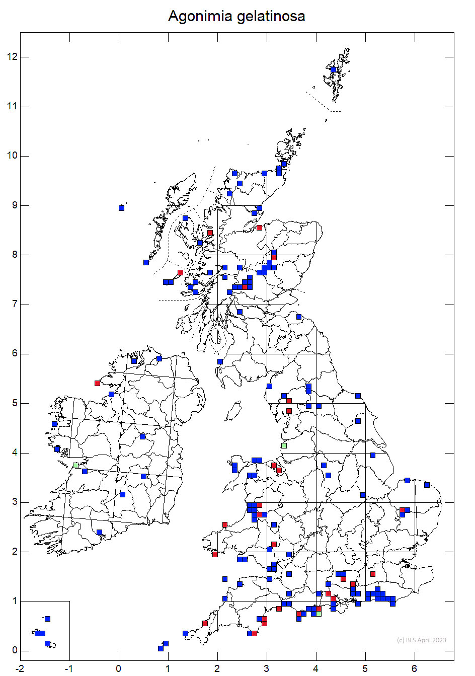 Agonimia gelatinosa 10km sq distribution map