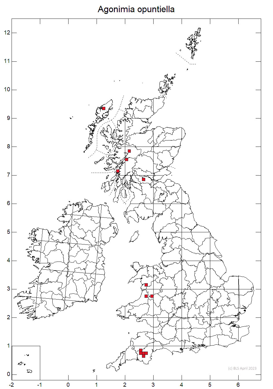 Agonimia opuntiella 10km sq distribution map