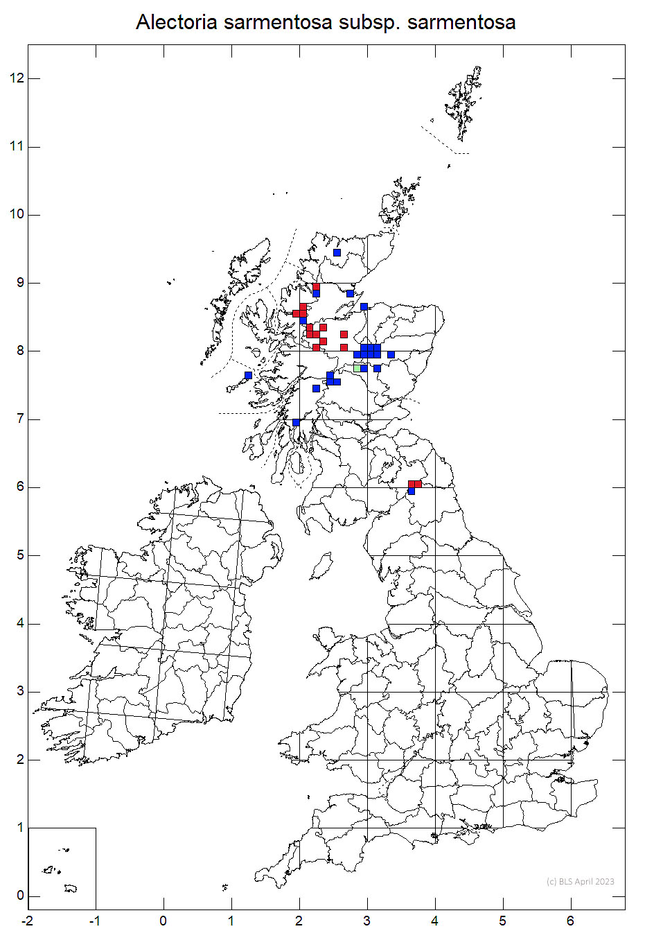 Alectoria sarmentosa subsp. sarmentosa 10km sq distribution map