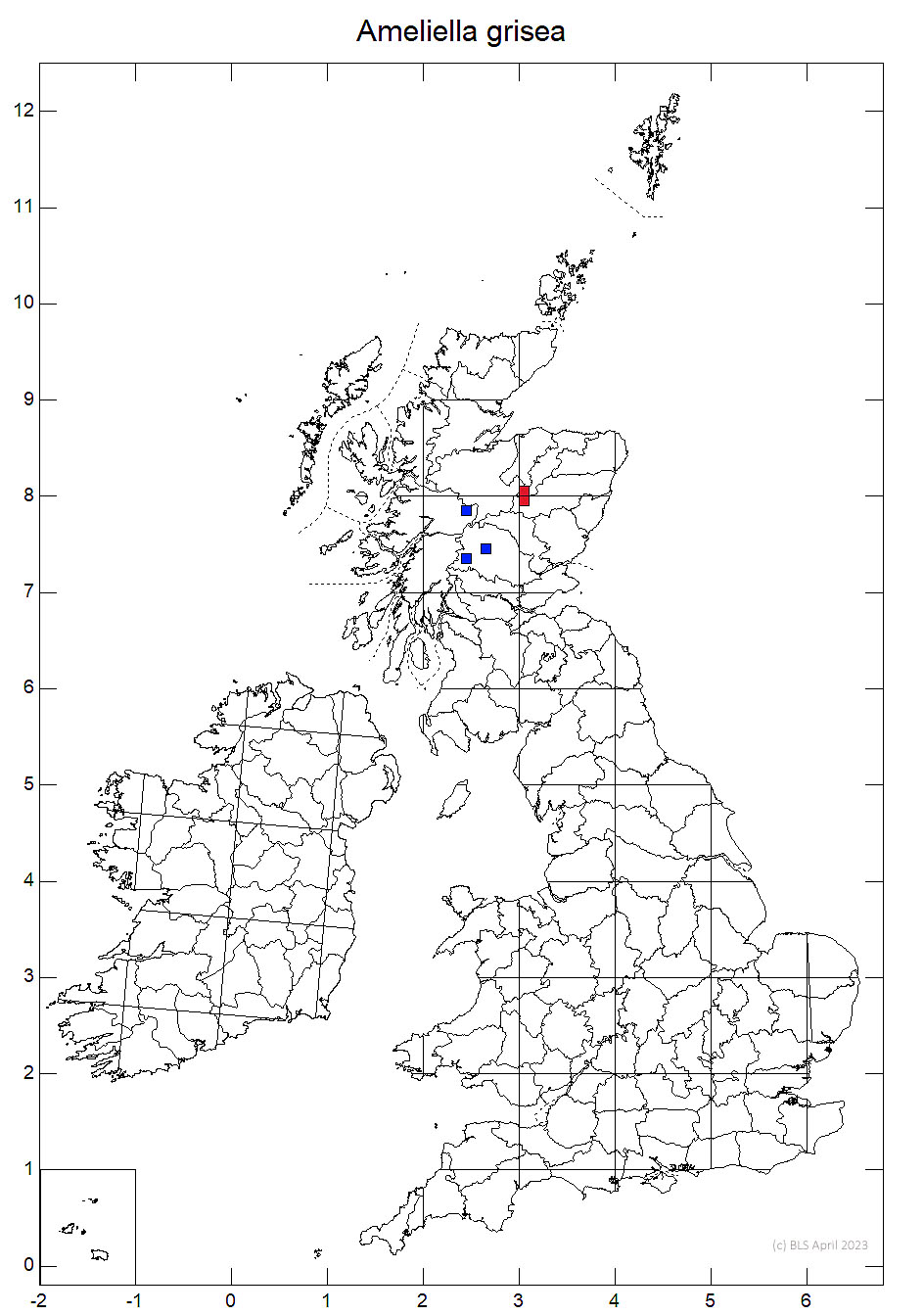 Ameliella grisea 10km sq distribution map