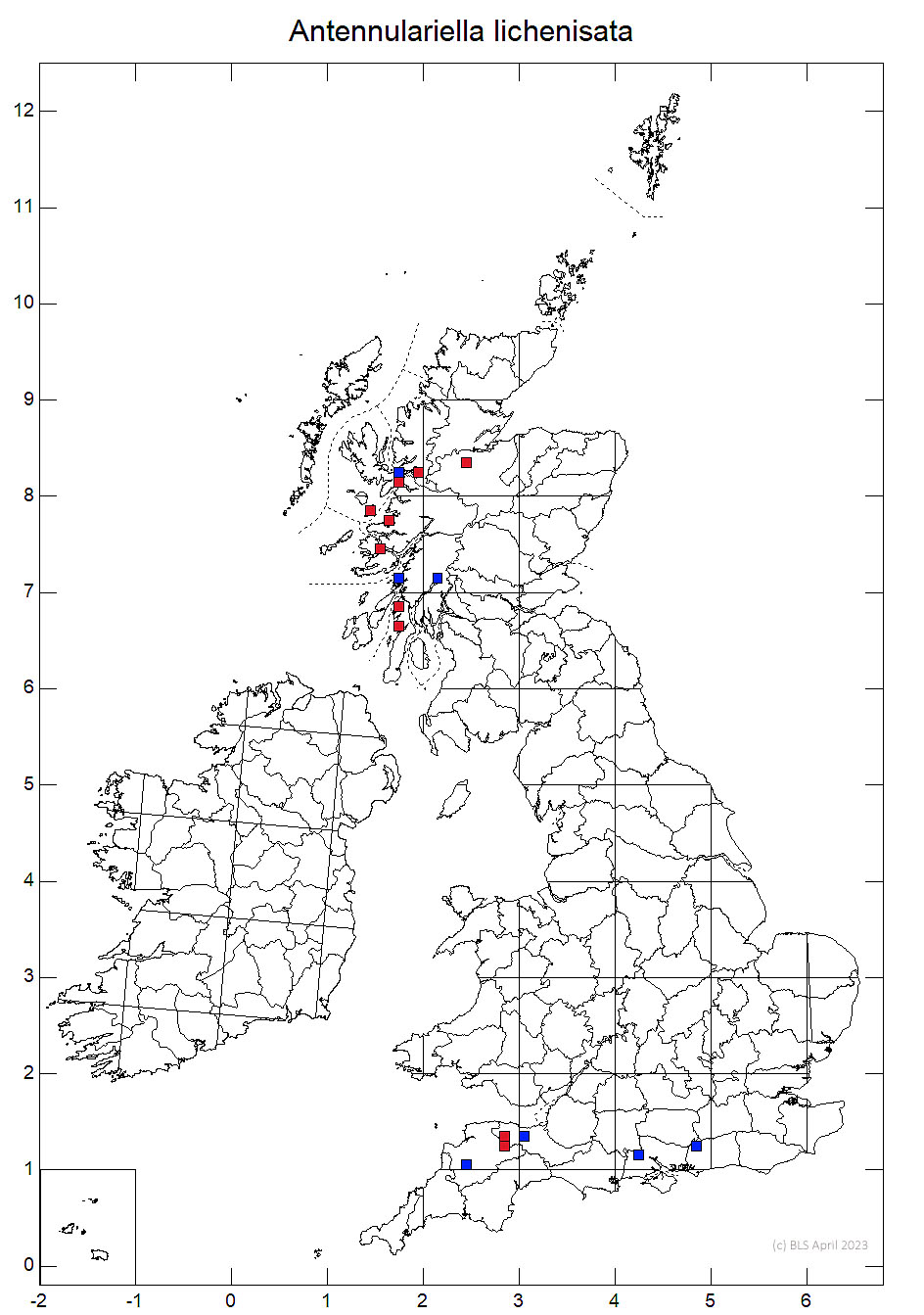 Antennulariella lichenisata 10km sq distribution map