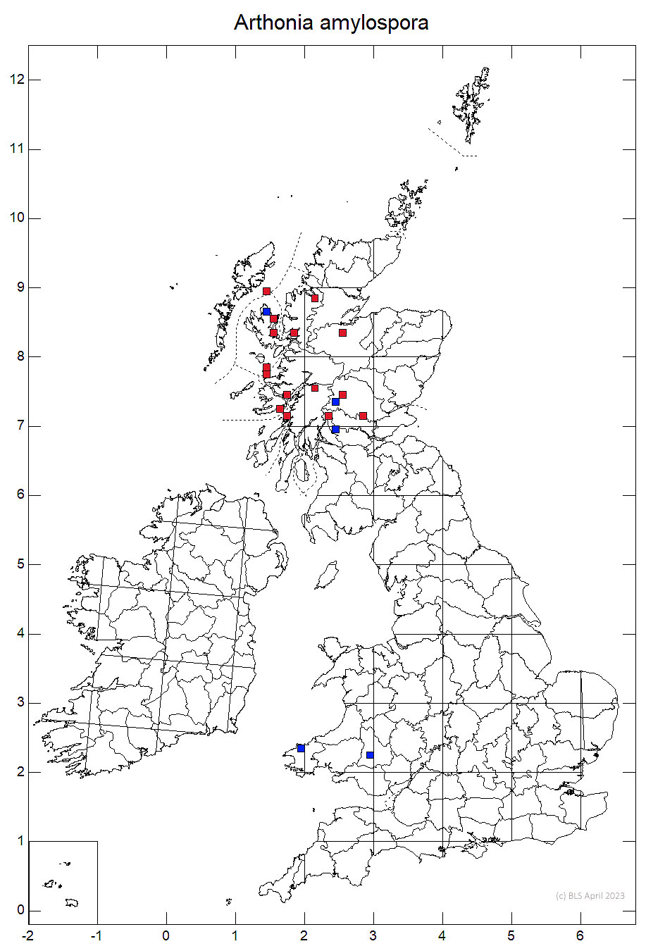 Arthonia amylospora 10km sq distribution map