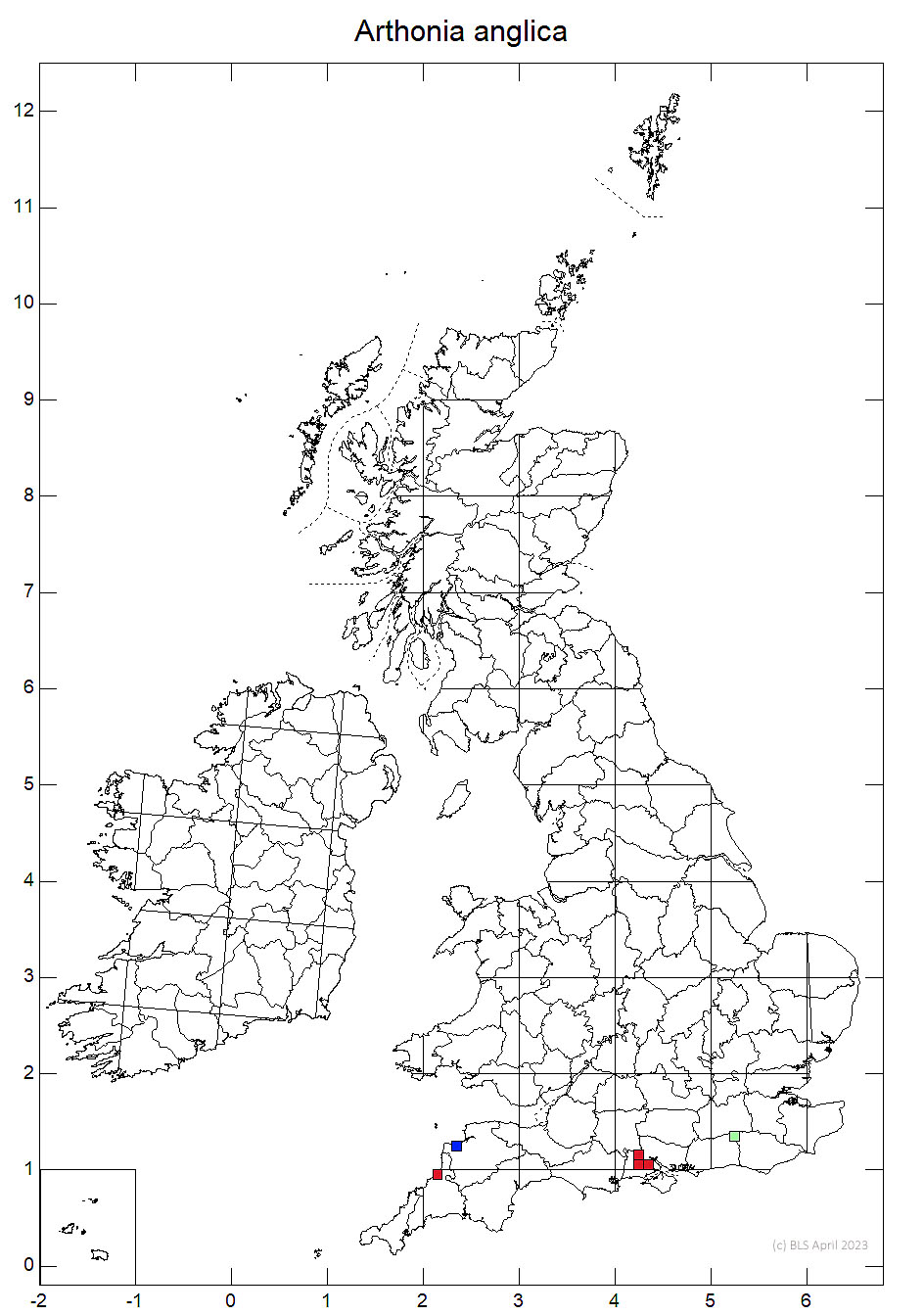 Arthonia anglica 10km sq distribution map