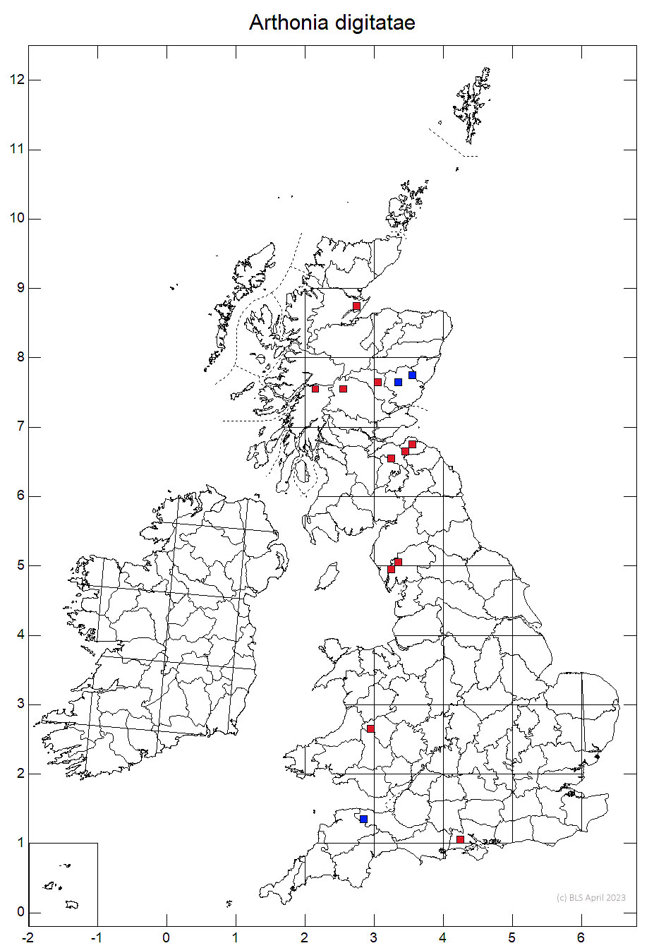 Arthonia digitatae 10km distribution map