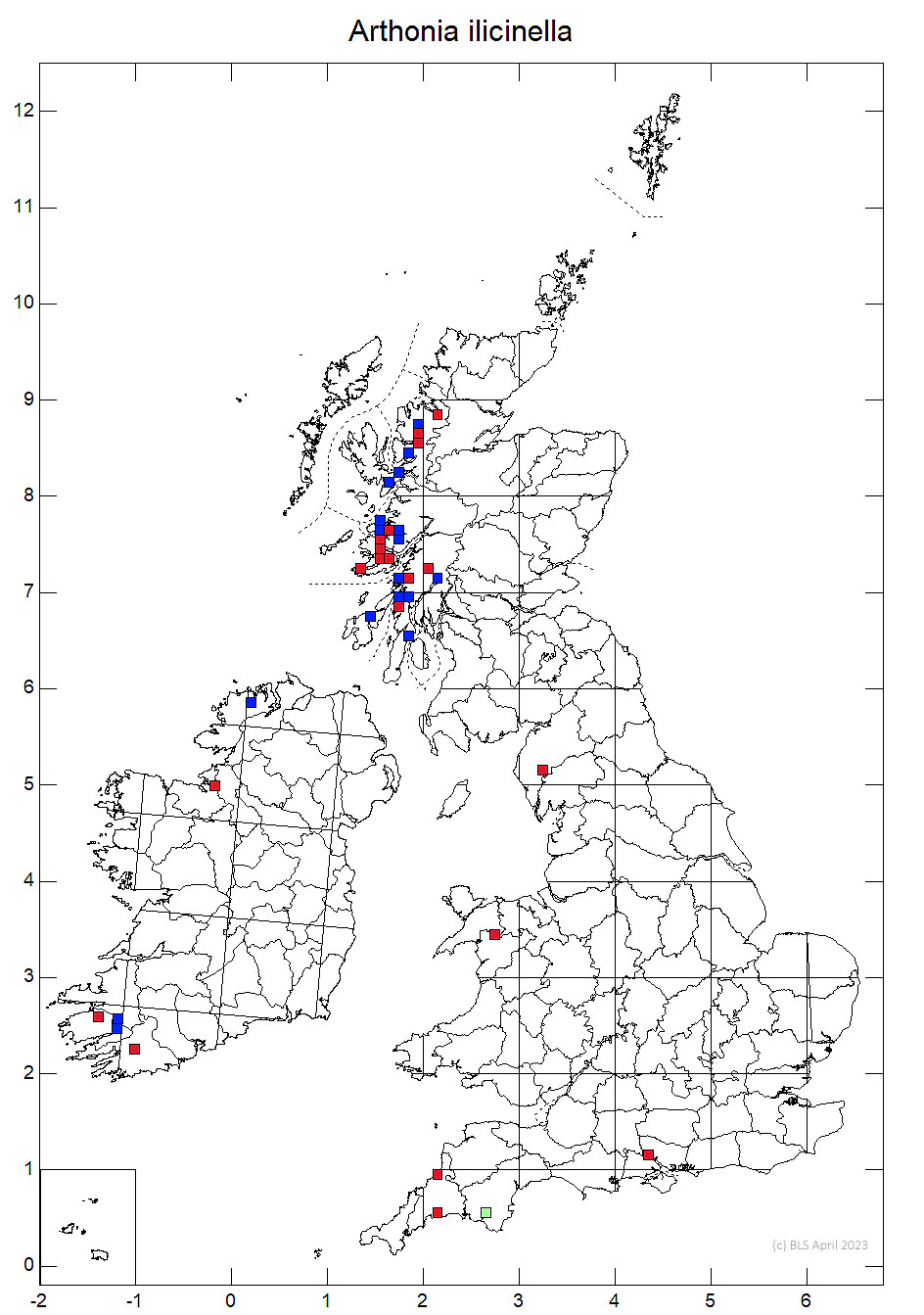 Arthonia ilicinella 10km sq distribution map