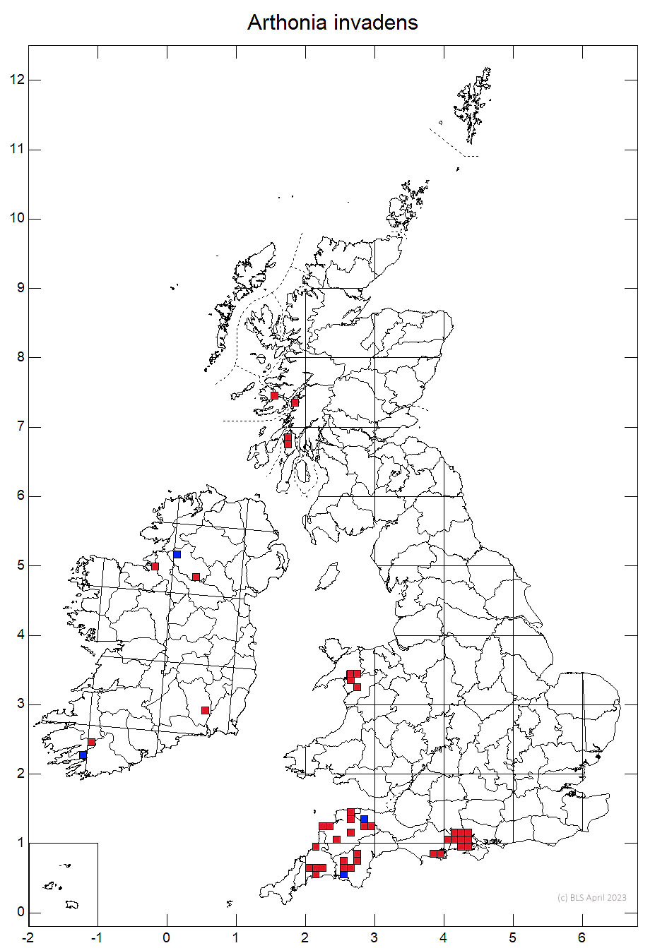 Arthonia invadens 10km sq distribution map