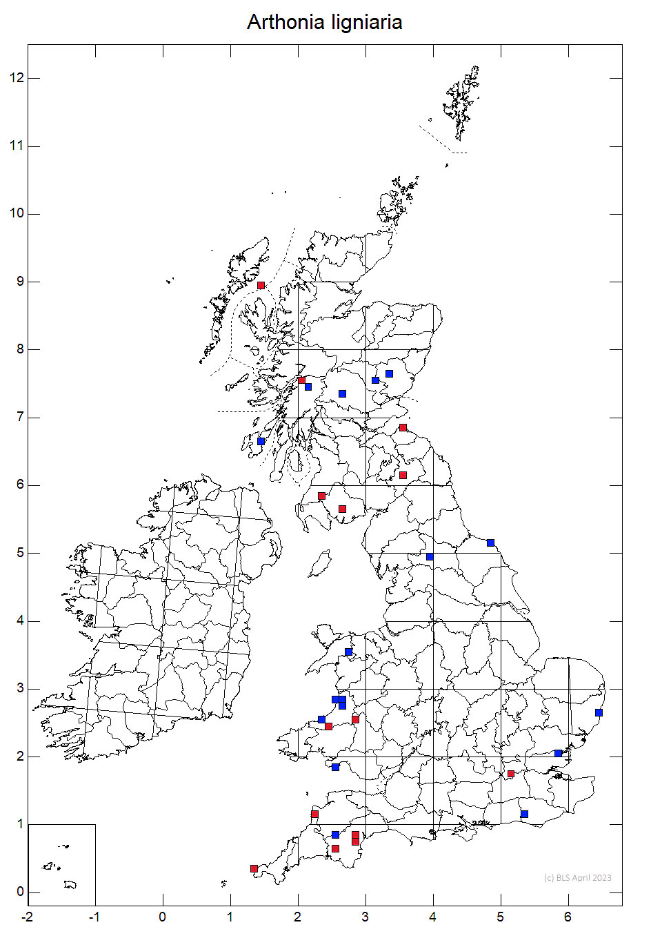 Arthonia ligniaria 10km distribution map