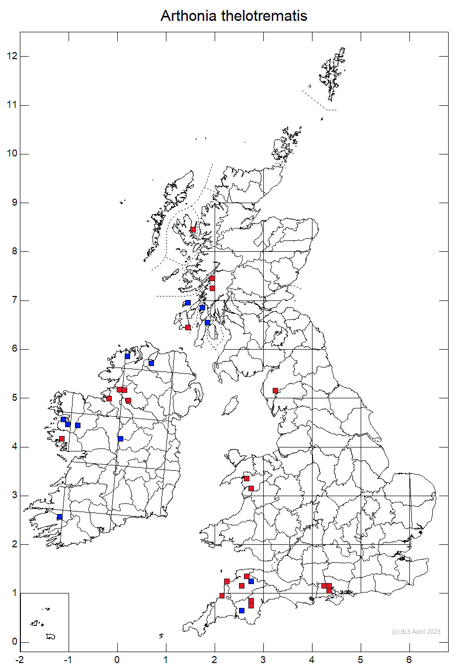 Arthonia thelotrematis 10km sq distribution map