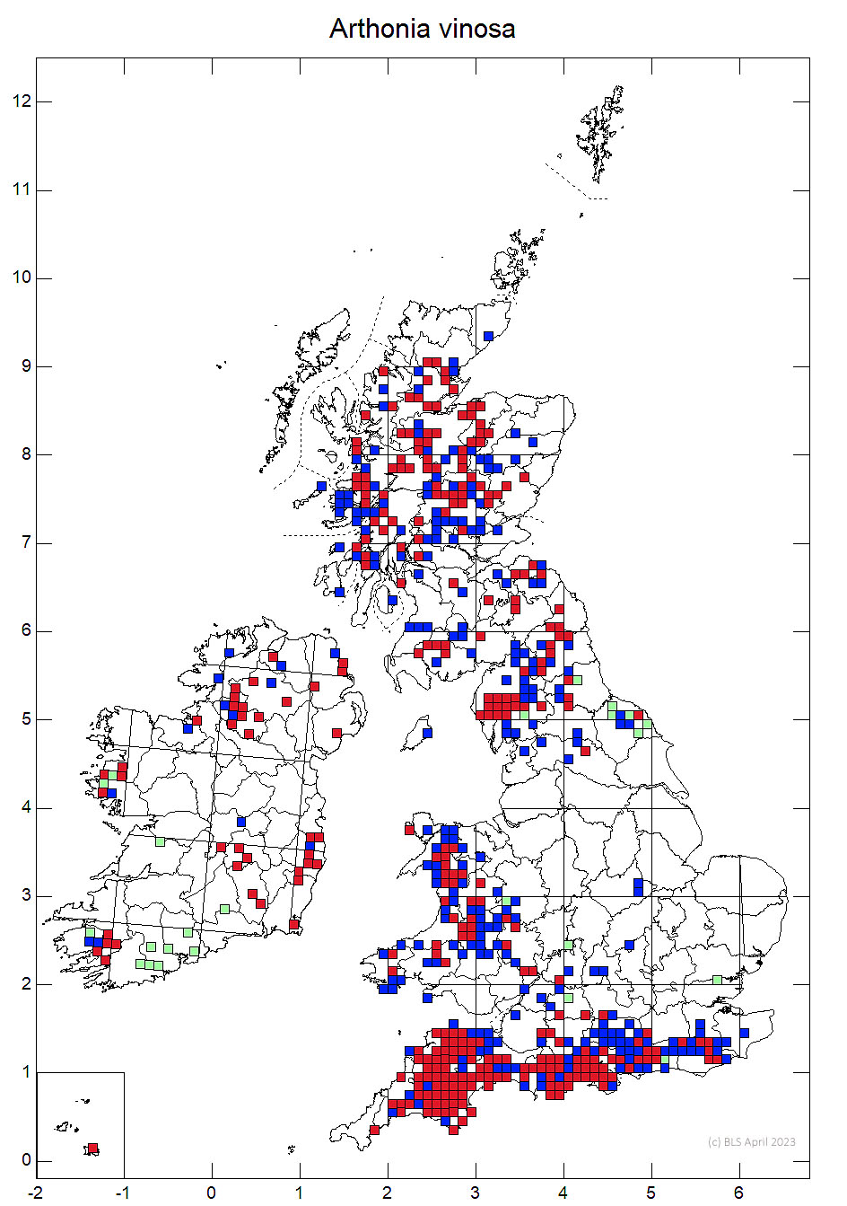 Arthonia vinosa 10km sq distribution map