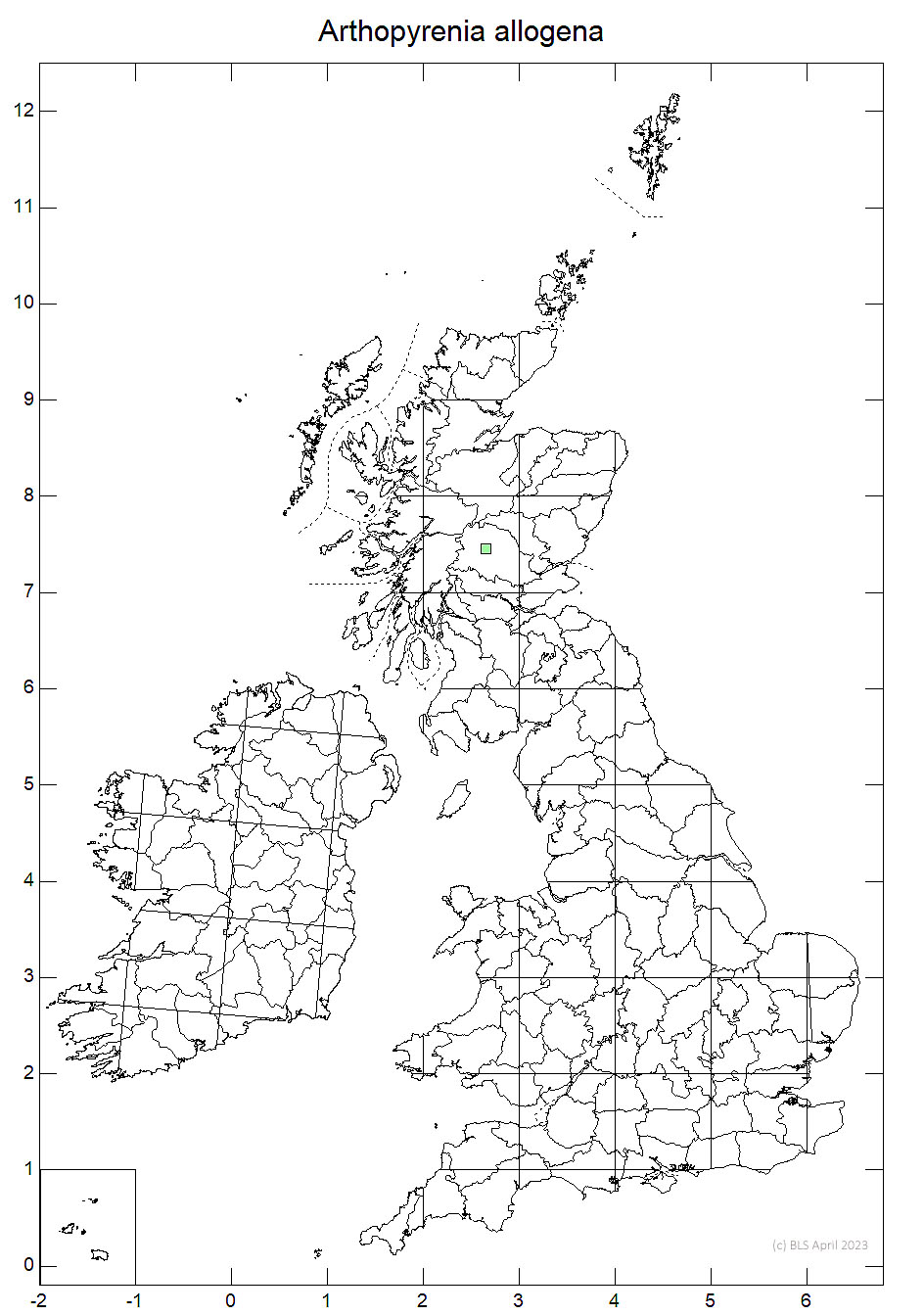 Arthopyrenia allogena 10km sq distribution map