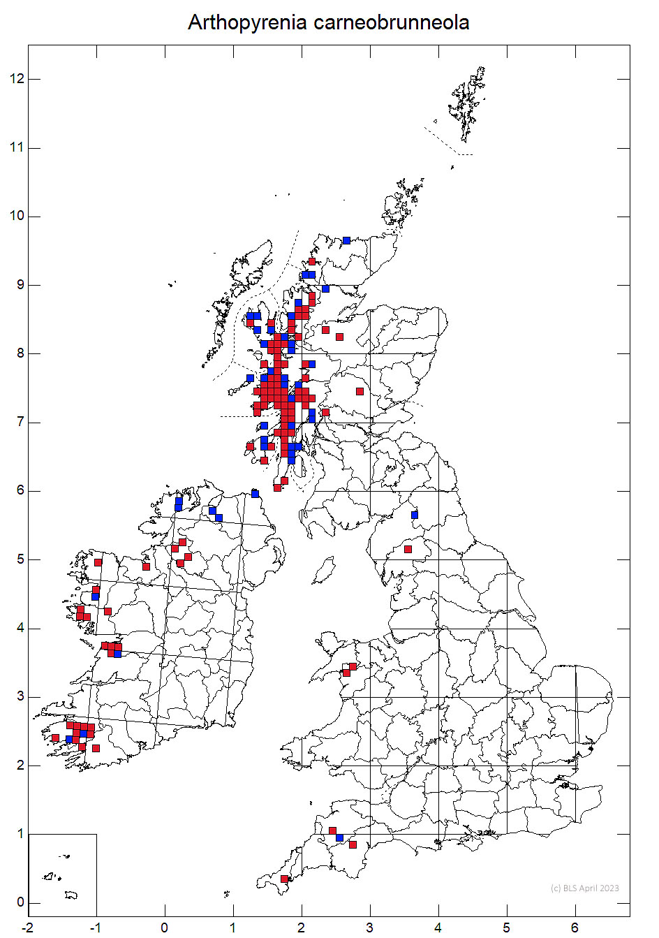 Arthopyrenia carneobrunneola 10km sq distribution map