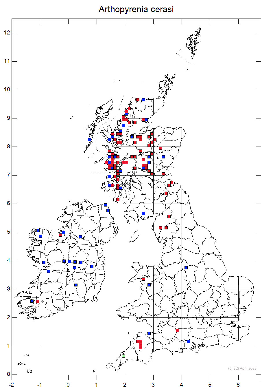 Arthopyrenia cerasi 10km sq distribution map
