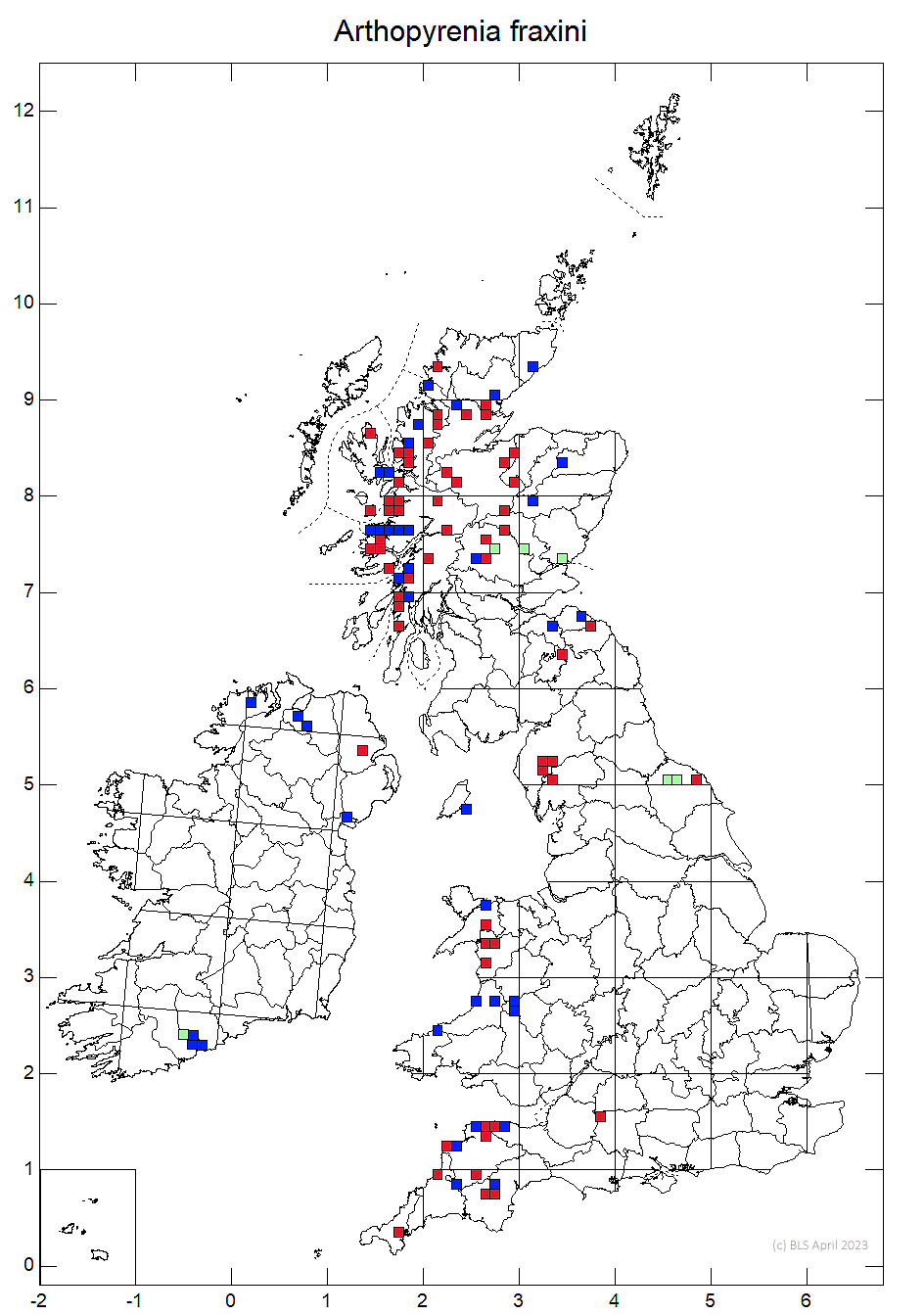 Arthopyrenia fraxini 10km sq distribution map