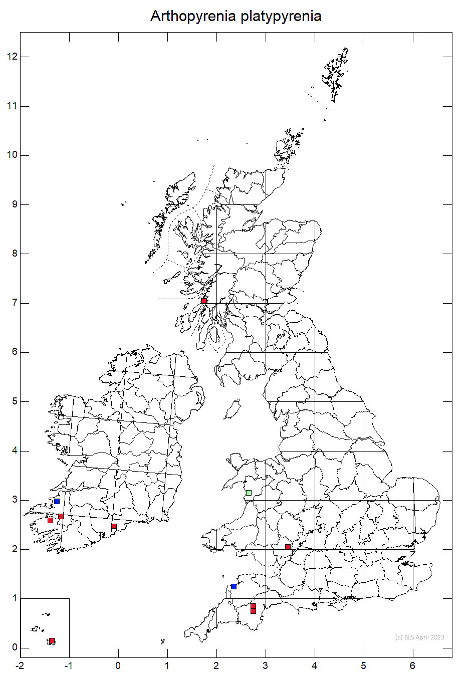 Arthopyrenia platypyrenia 10km sq distribution map
