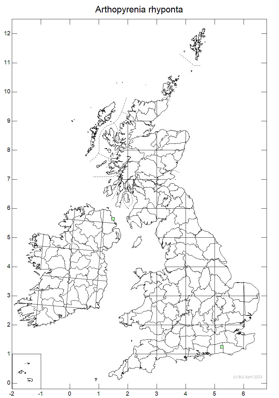 Arthopyrenia rhyponta 10km sq distribution map