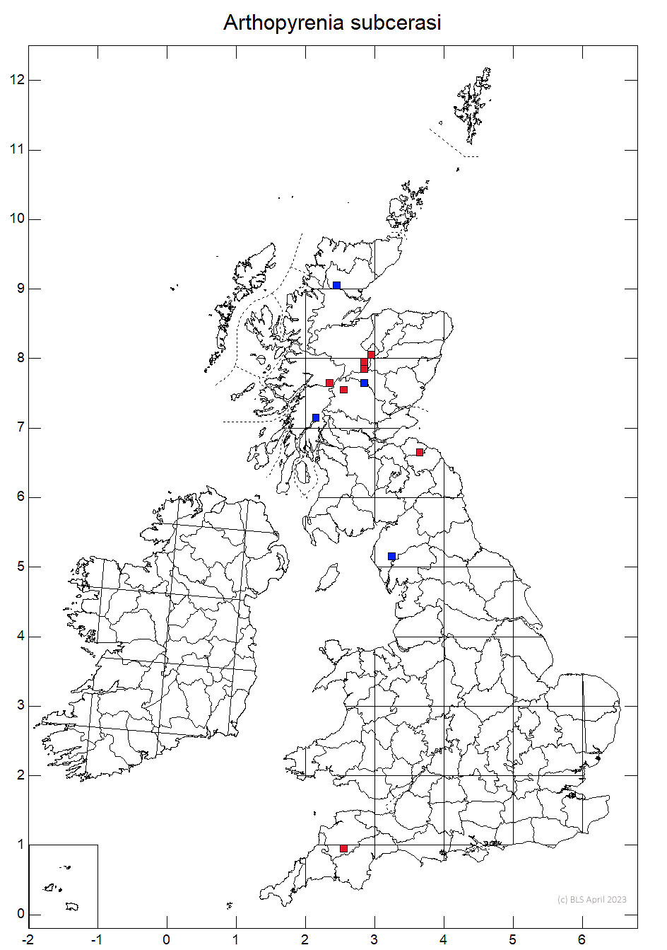 Arthopyrenia subcerasi 10km sq distribution map
