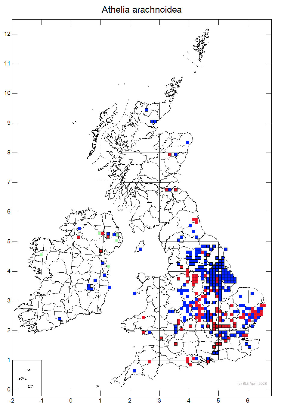 Athelia arachnoidea 10km sq distribution map