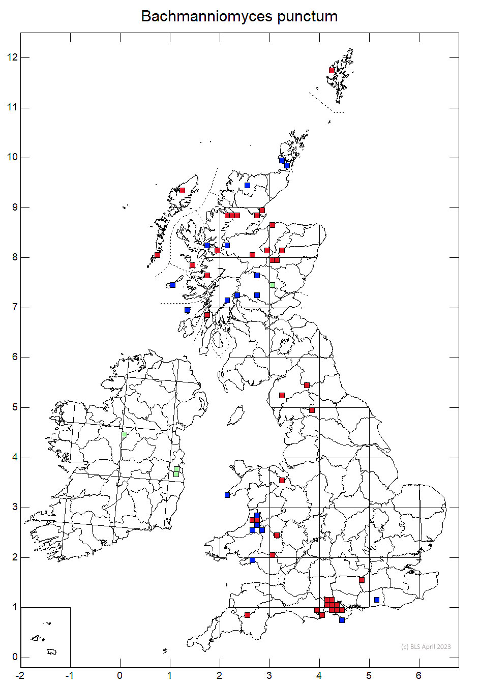 Bachmanniomyces punctum 10km distribution map