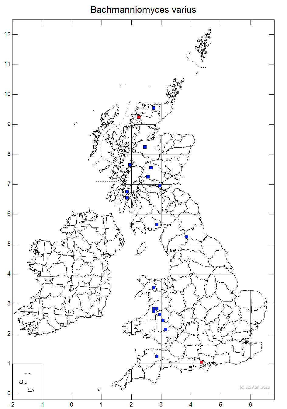 Bachmanniomyces varius 10km distribution map