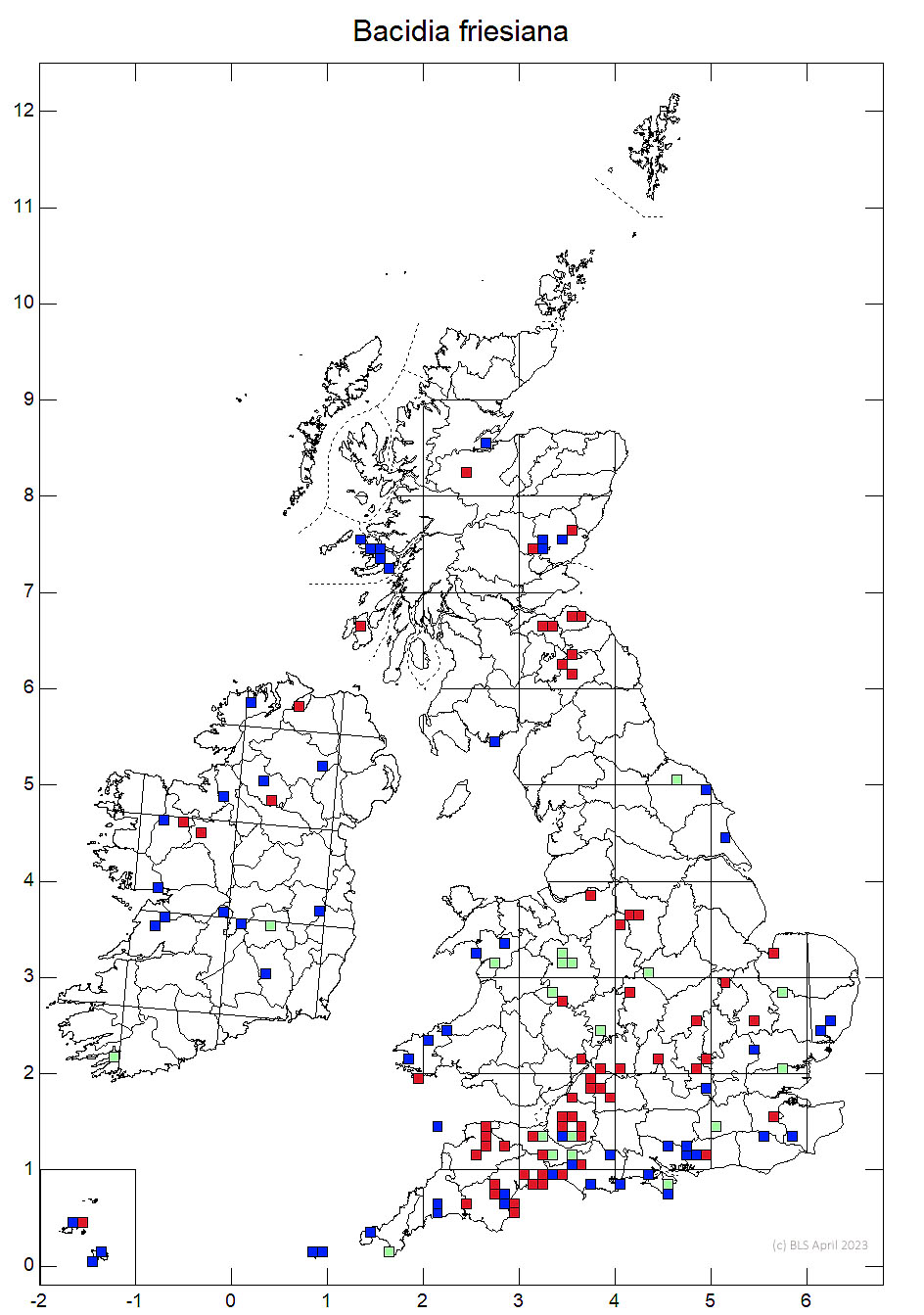 Bacidia friesiana 10km sq distribution map