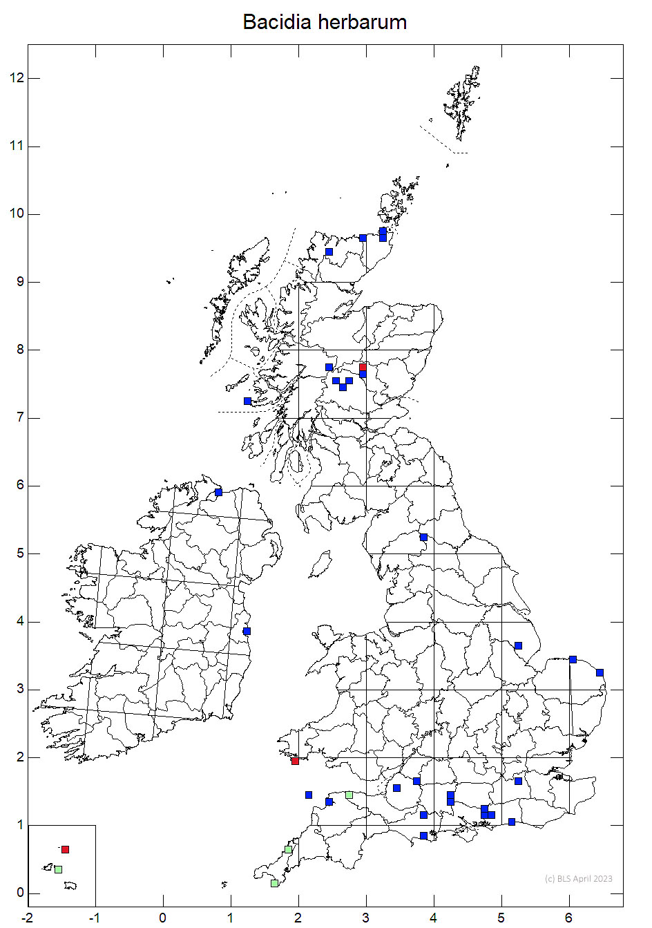 Bacidia herbarum 10km sq distribution map