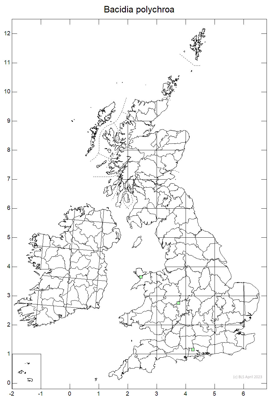 Bacidia polychroa 10km sq distribution map