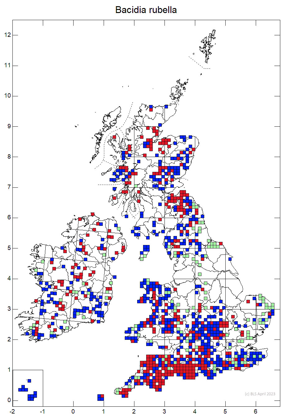 Bacidia rubella 10km sq distribution map