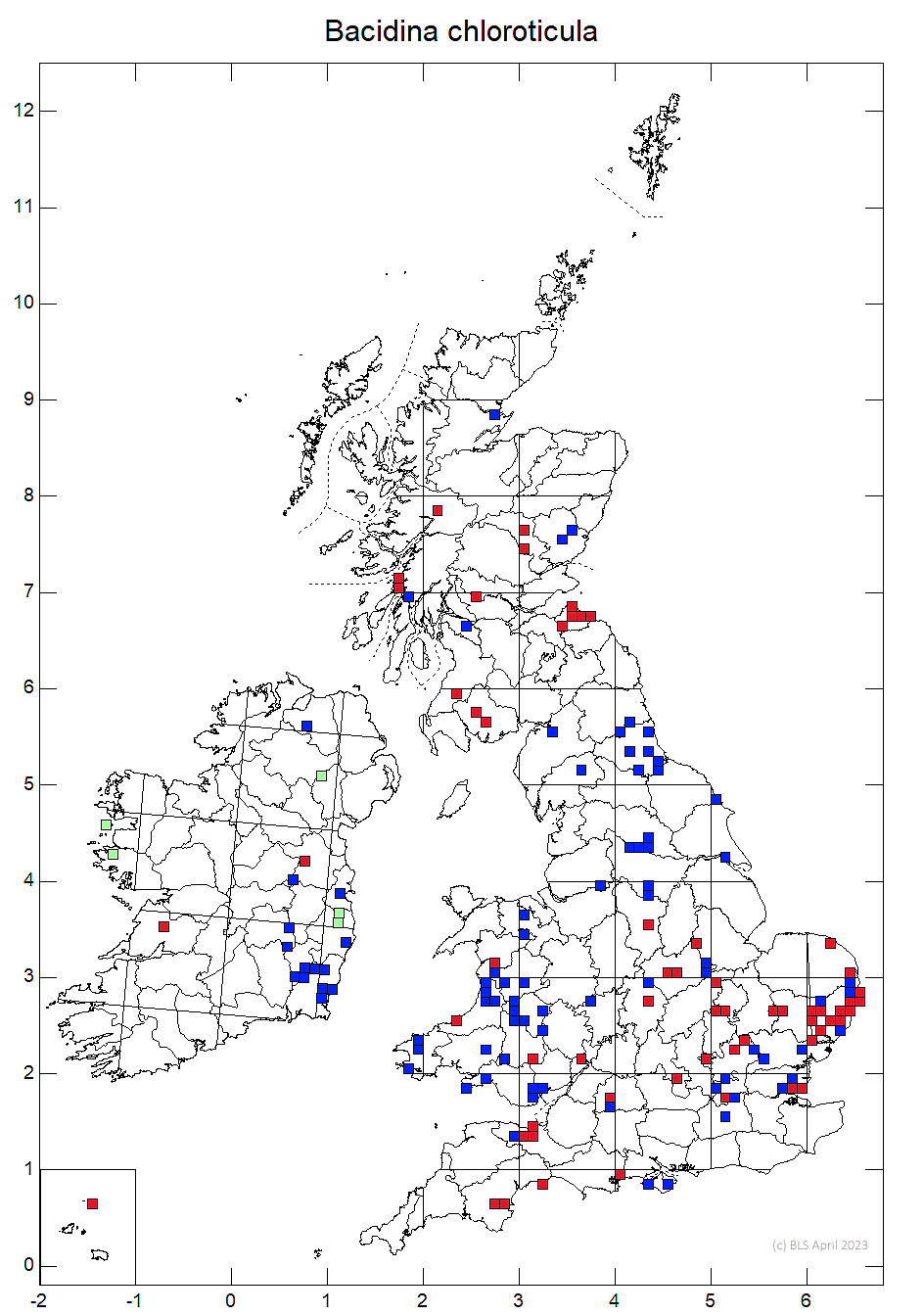 Bacidina chloroticula 10km distribution map