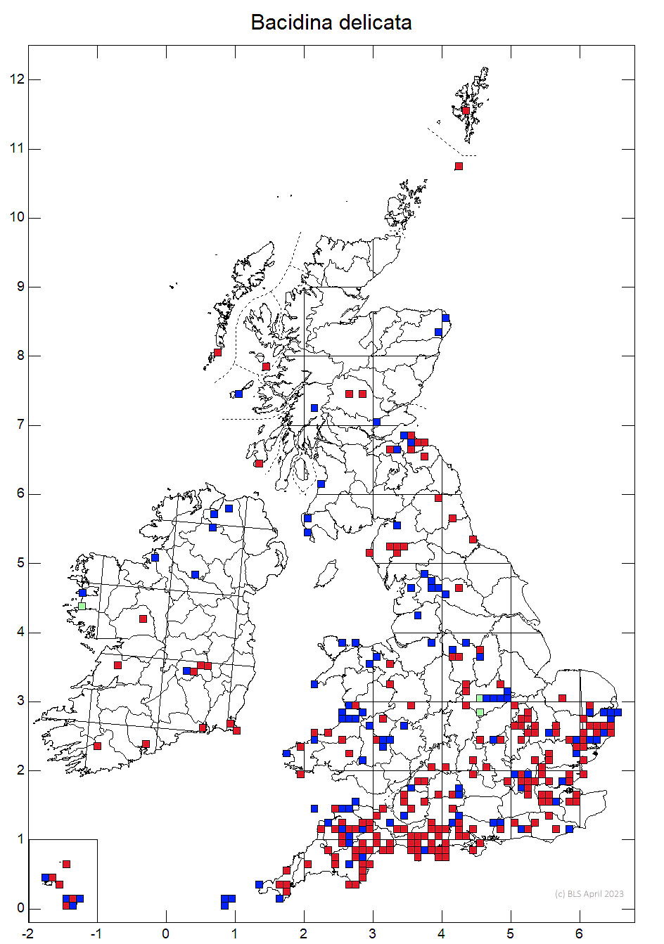 Bacidina delicata 10km distribution map