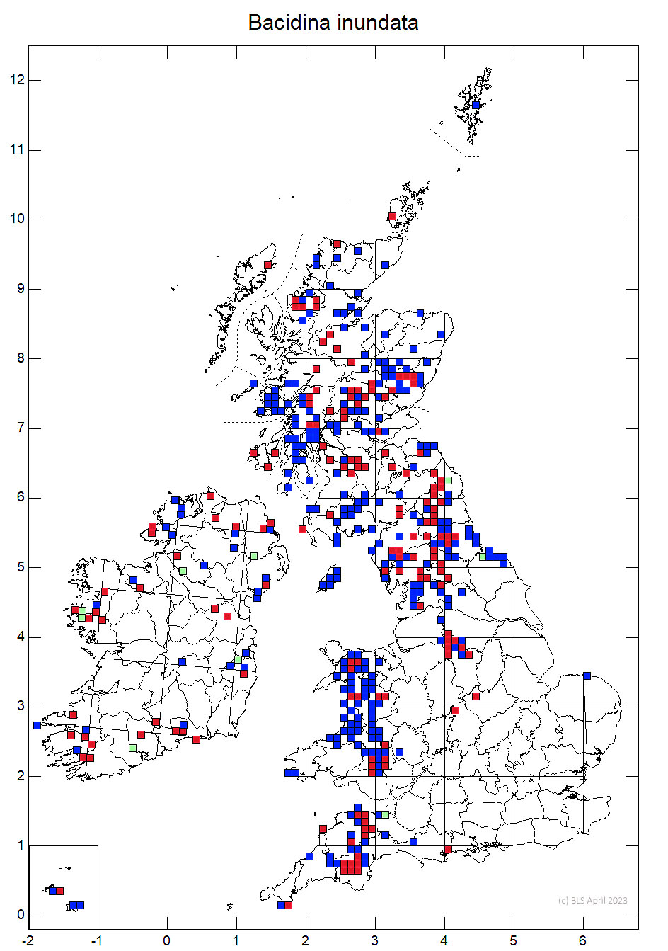Bacidina inundata 10km distribution map