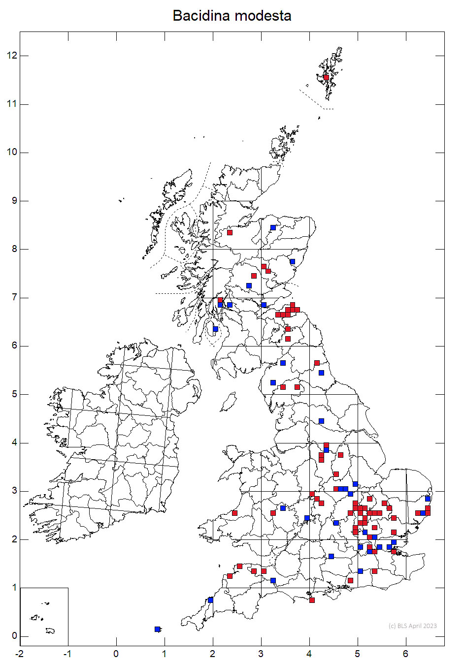 Bacidina modesta 10km distribution map