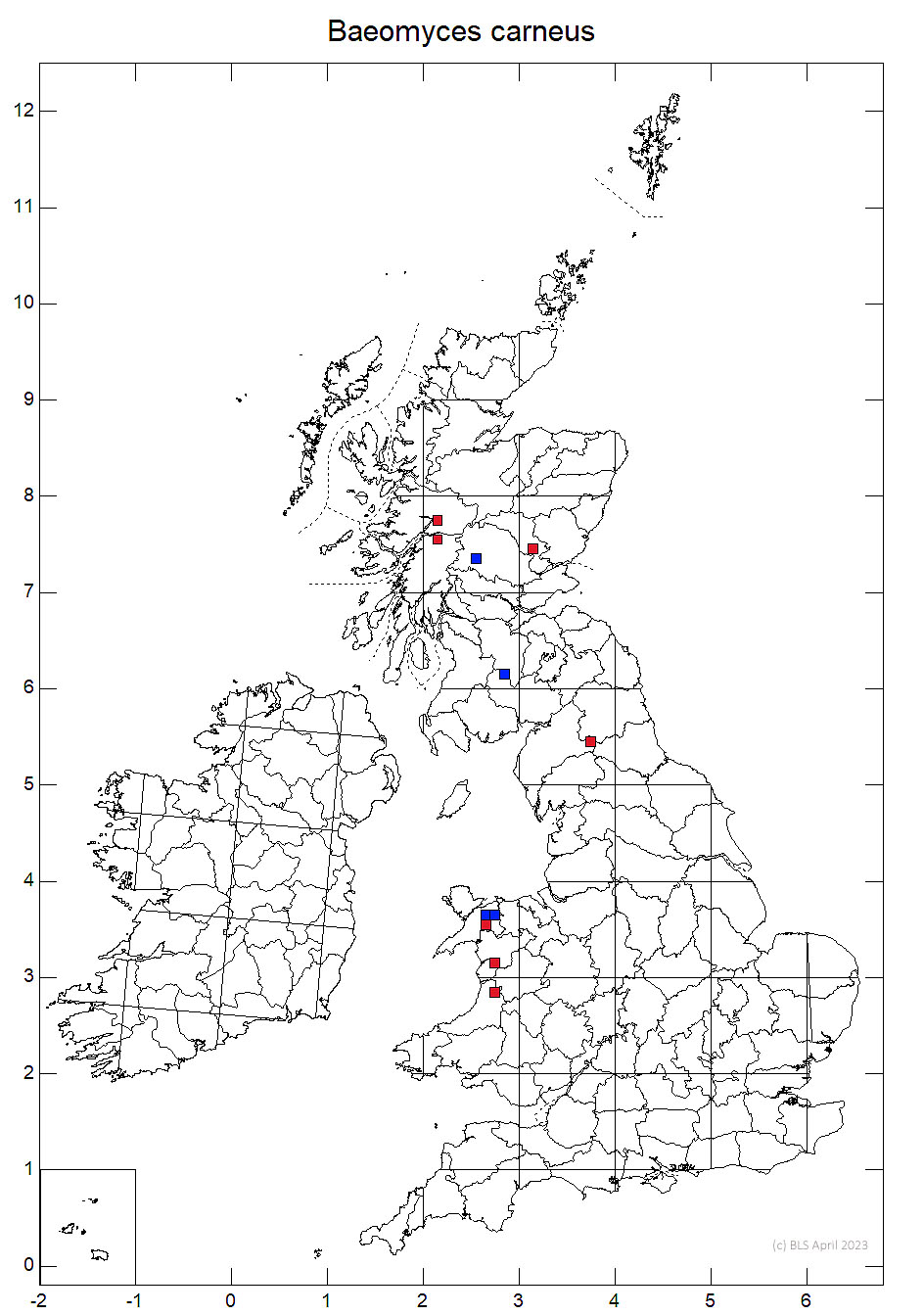 Baeomyces carneus 10km sq distribution map