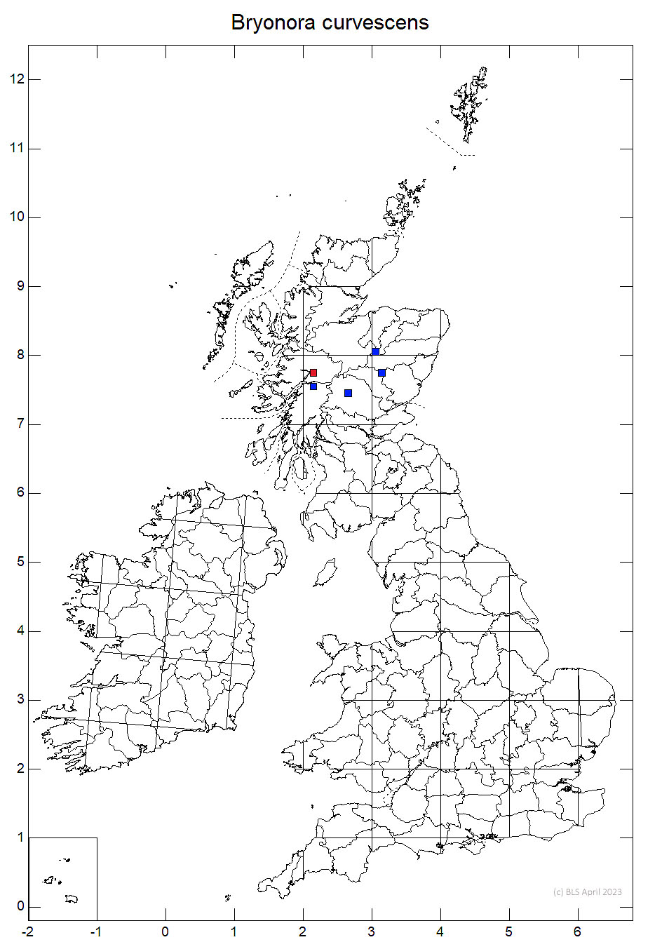 Bryonora curvescens 10km sq distribution map