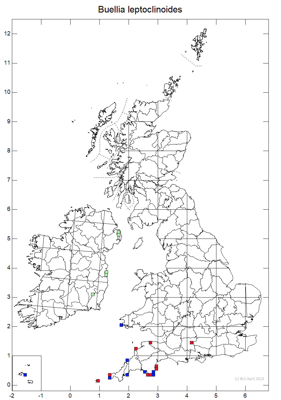 Buellia leptoclinoides 10km sq distribution map