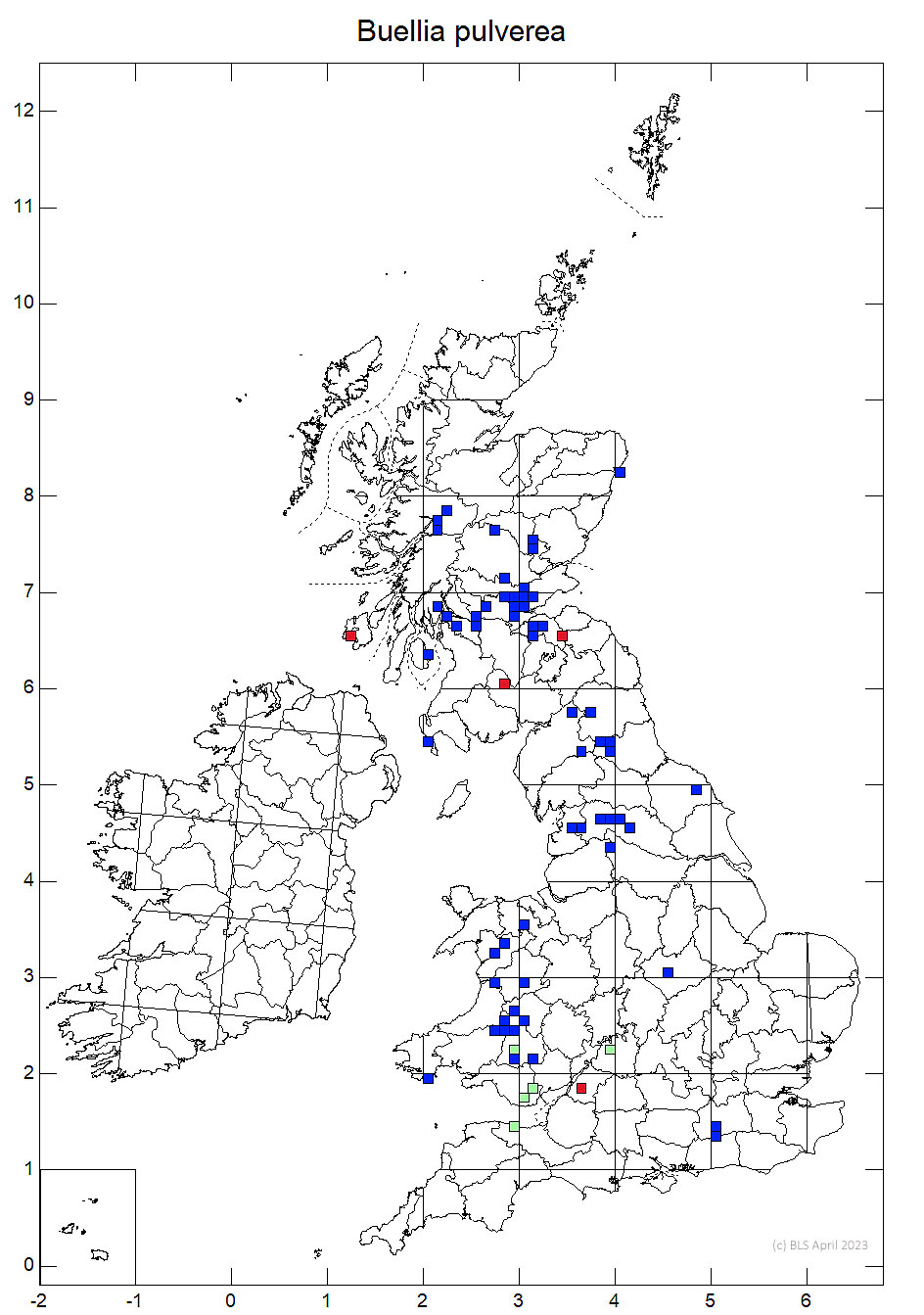 Buellia pulverea 10km sq distribution map