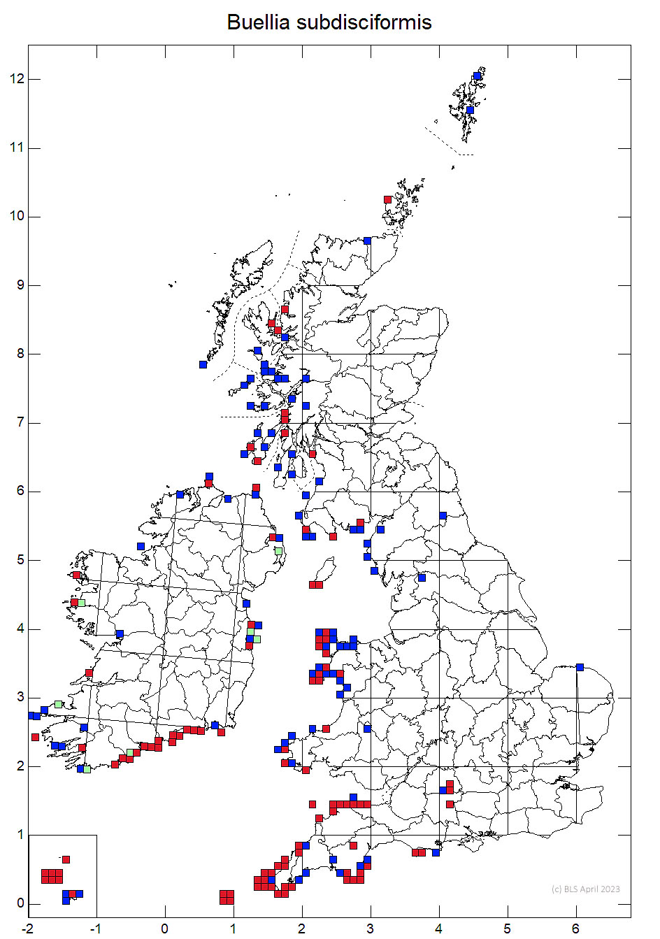 Buellia subdisciformis 10km sq distribution map