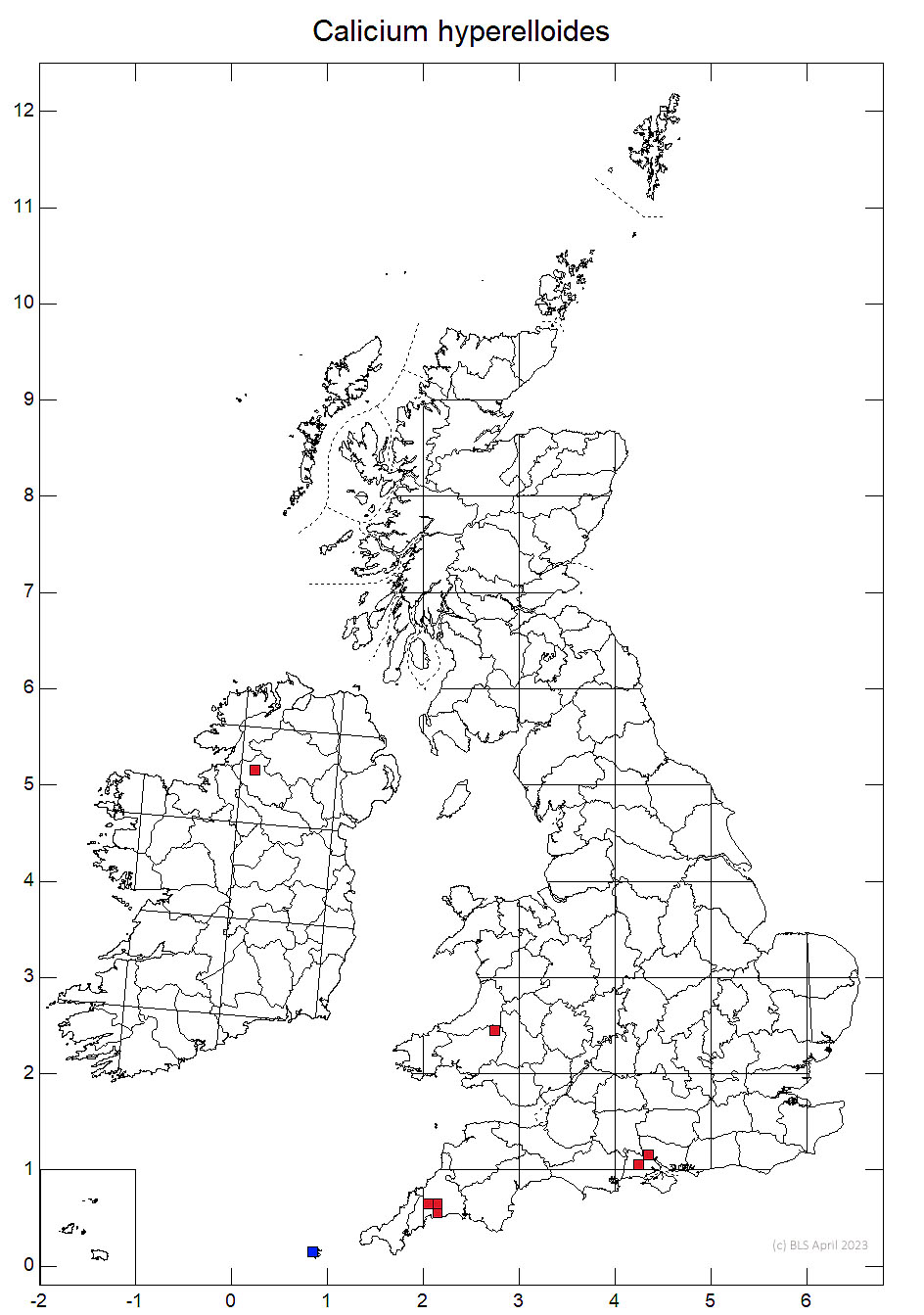 Calicium hyperelloides 10km sq distribution map