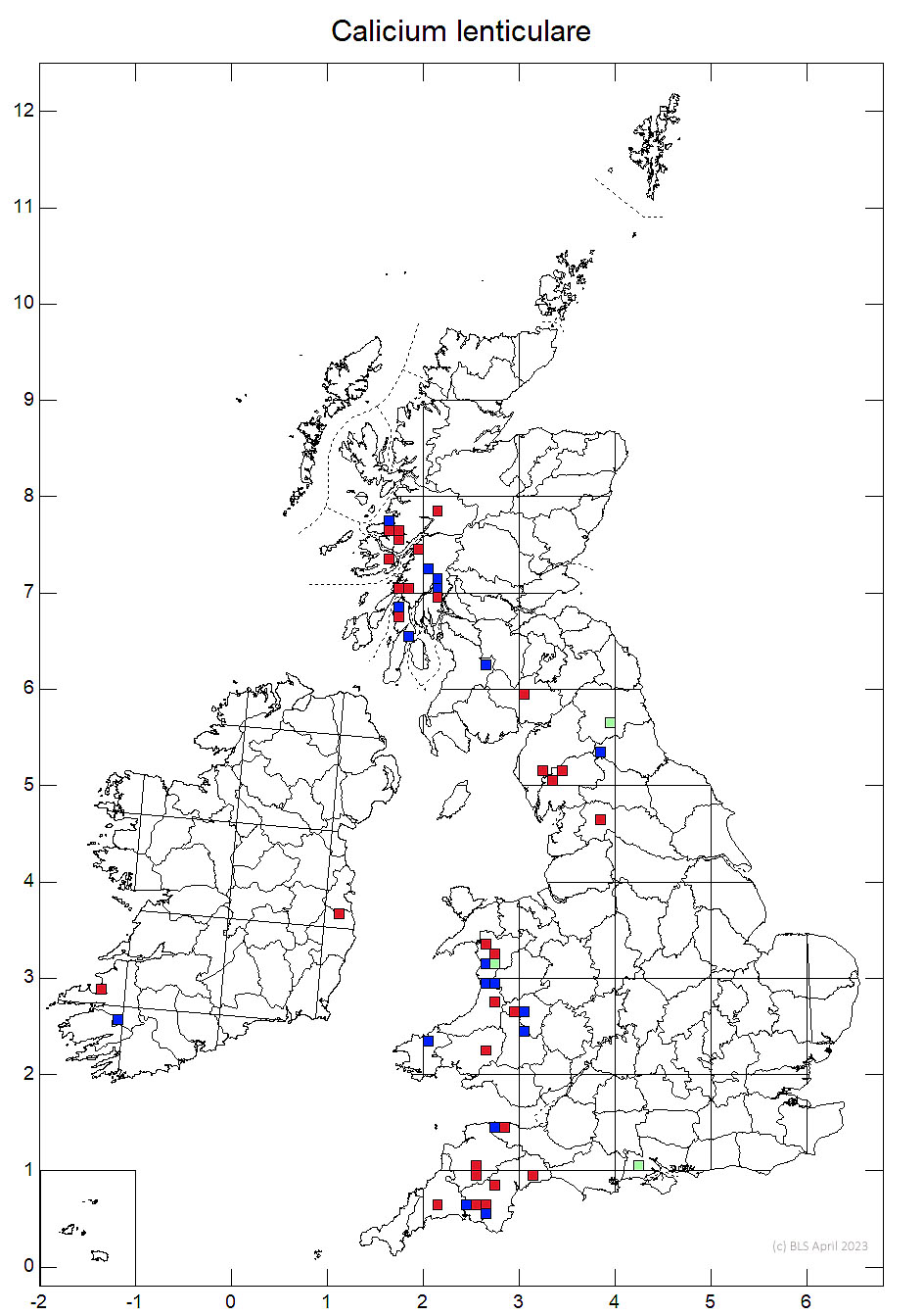 Calicium lenticulare 10km sq distribution map