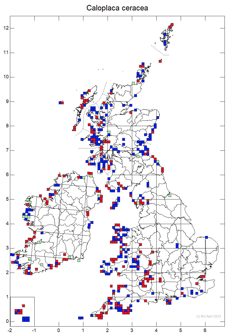 Caloplaca ceracea 10km sq distribution map